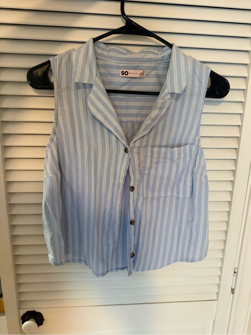 SO Light Blue and White Striped Sleeveless Button-Down Top